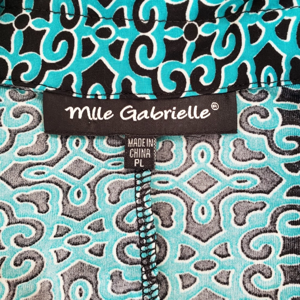 Mlle Gabrielle Black & Aqua Aztec Print Jersey Knit Belted Shift Dress - Size PL - Picture 6 of 10